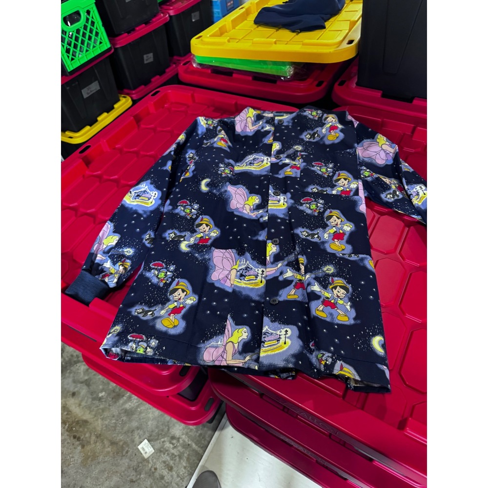 Disney Pinocchio Blue Fairy Scrub Top Navy Blue Button Front XS D45360 NWT
